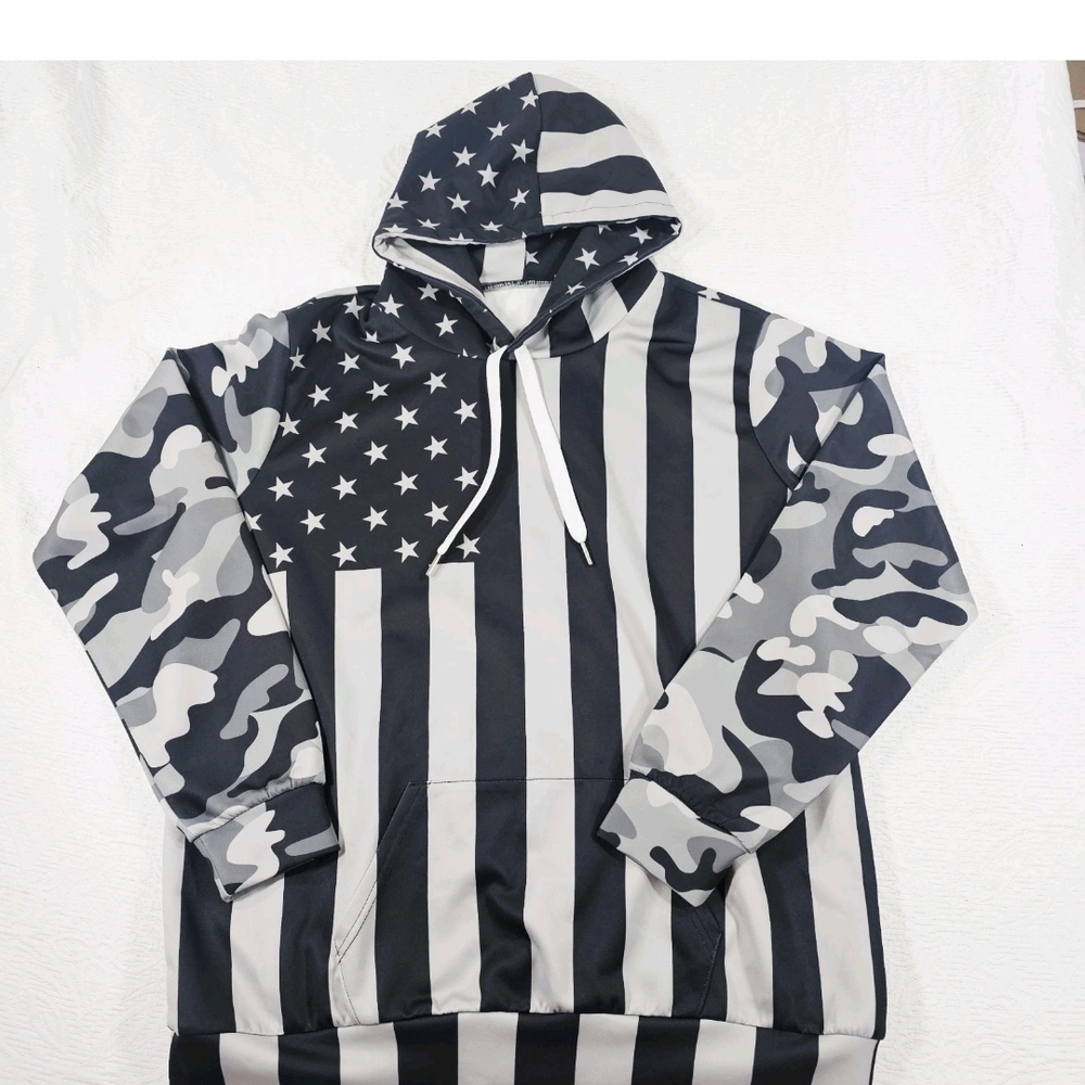 Camo American Flag Patriotic Hoodie Pocket USA Gray Black 4th Of July Mens L/XL